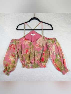 507-GUESS Pink Floral Cold-Shoulder Crop Top